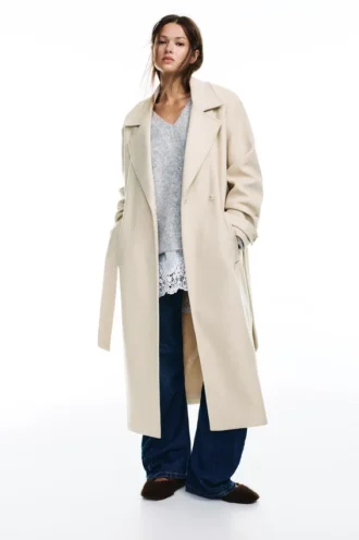 Manteau long à ceinture, texture feutrée