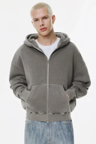 Sweat à capuche zippé, coupe carrée et effet délavé